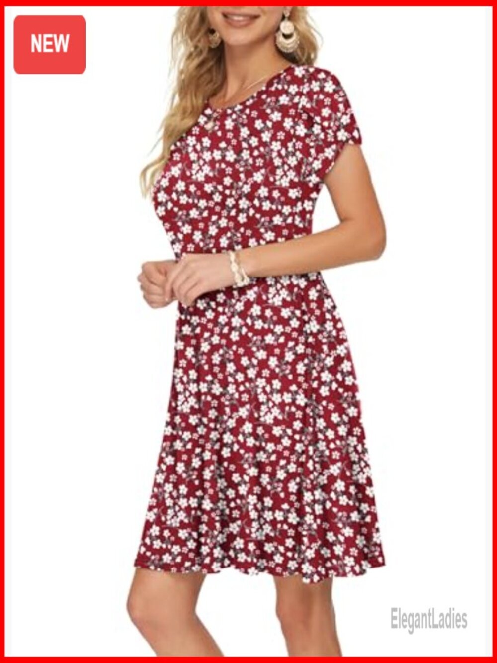 Casual Crewneck Petal Sleeve Swing Dress with Pockets - Picture 2 of 6